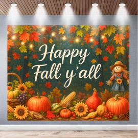 BlissYard Happy Fall Y'all Backdrop Autumn Scarecrow Sunflower Photography Backgroup Banner 8x6ft Autumn Thanksgiving Party Decorations Happy Fall Maple Leaves Pumpkins Decorations