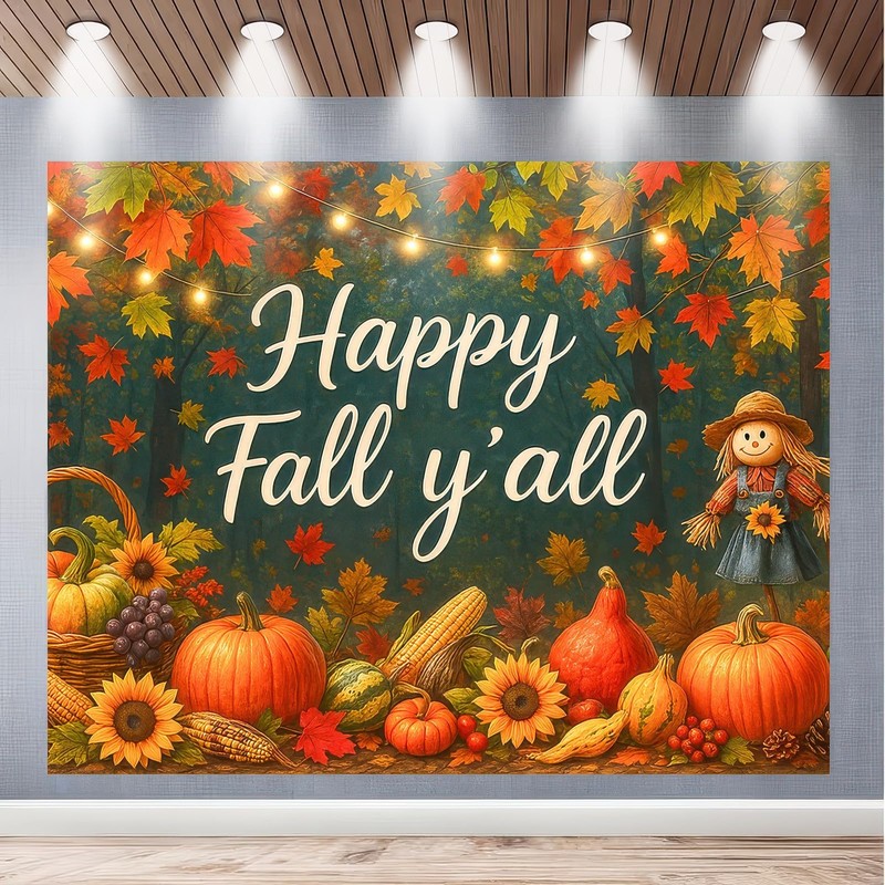 BlissYard Happy Fall Y'all Backdrop Autumn Scarecrow Sunflower Photography Backgroup