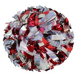 Danzcue 6 Inches Metallic Cheerleading Pom Pom with Baton Handle Pack of 2 (One Size, Holographic Silver-Red)