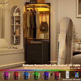 Cyclysio Corner Clothes Rack, 70'' Tall Corner Closet with Power Outlets & LED Lights, 4 Tier Garment Rack with 3 Drawers & 4 Hooks, Small Clothing Rack with Hanging Rack for Small Spaces, Black