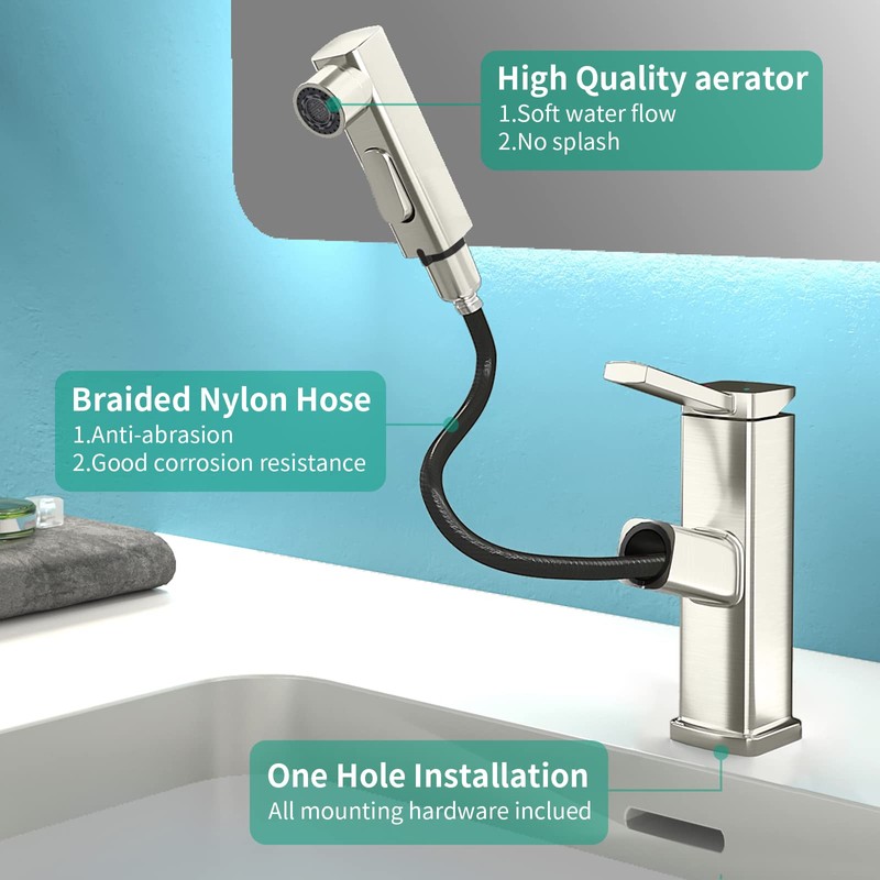 HEROBAI Single Hole Bathroom Faucet, Single Handle Modern Pull Out