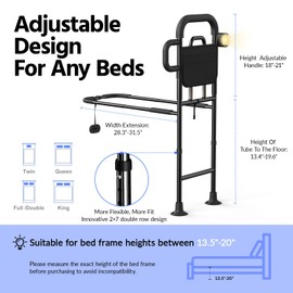 Bed Rails for Elderly Adults Safety with Remote Control Light - Height Adjustable Bed Assist Rail for Seniors, Stable Bedside Handle with Non-Slip Grip & Pocket, Fits King Queen Full Twin Bed