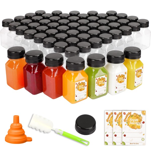 TOMNK 105pcs 4oz Mini Plastic Juice Bottles with Caps Empty Reusable Clear Bottles with Lids, Label, Funnel and Brush Beverage Containers for Juicing, Milk and Beverages