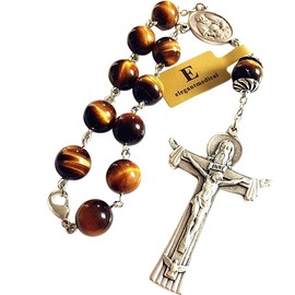 elegantmedical 10MM Tiger Eye Beads Catholic Prayer one decade rosary bracelet cross Gift & Box car rosary