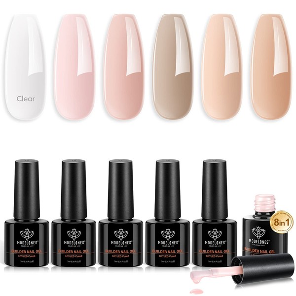 Modelones Builder Nail Gel 6 Colors, 8-in-1 Gel Builder Set