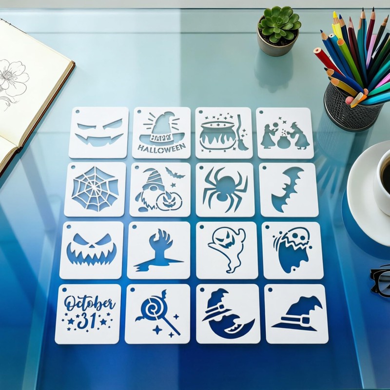 56Pcs Halloween Stencils for Painting, Spooky Stencils 3×3 Inch