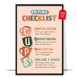 LOLUIS Educational Learning, Writing English Educational Poster Print Decoration ELA Classroom Must Haves (CUPS Editing Writing Strategy Checklist, Custom Frame Type)