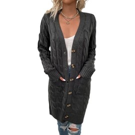 BAKANO Long Sleeve Cable Knit Long Cardigan for Women Chunky Open Front Button Sweaters with Pockets (Dark Gray, XL)