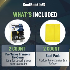 BoatBuckle's Pro Series Kwik-Lok Boat Tie Down Straps to Trailer with Boat Pads, 2-Pack Easy to Use Adjustable Transom Tie Down Straps, 2-Inch x 4-Feet, 1,200 Lbs Break Strength