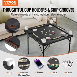 VEVOR Folding Card Table, 4 Player Portable with 4 Cup Holders & Chip Trays, Mahjong Domino Game Set, 35.4 x 35.4-inch, Black