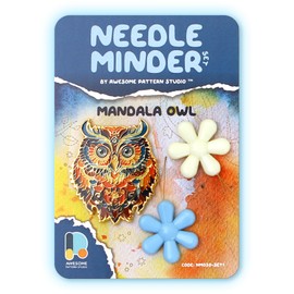 Awesome Pattern Studio Needle Minder Set - Mandala Owl Magnetic Needle Minder + 2 Needle Threaders. Enamel Pin for Cross Stitch, Embroidery and Craft