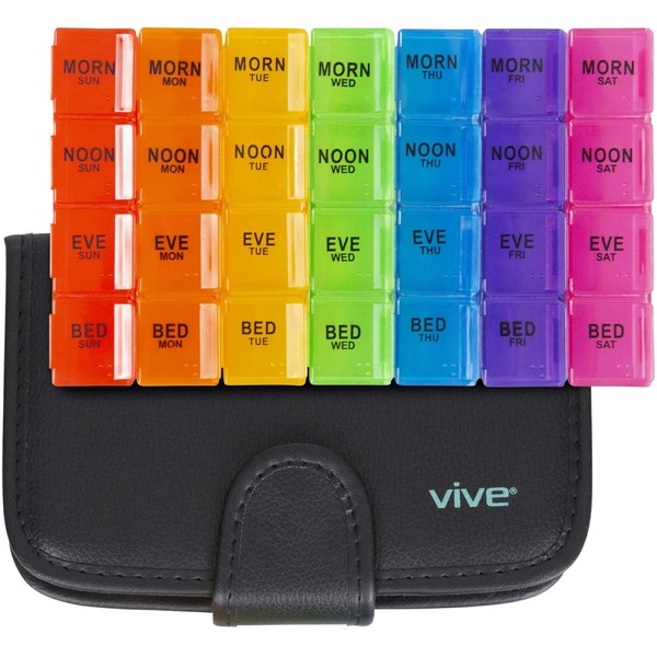 Vive XL Pill Case - Extra Large Weekly and Daily Medicine Supplement Organizer with Box Case, Splitter Cutter - Dispenser and Container for Medication 4 Times A Day - Slim 7 Day Leather Travel Holder
