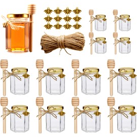 Adabocute 4oz Hexagonal Honey Jars - Glass Honey Jars with Gold Lids, Wooden Dippers, Bee Charms and Jutes - Hexagon Jars for Baby Shower, Wedding and Party Favors, 12 Pack