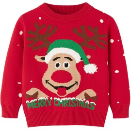 Happy Cherry Kids Santa Reindeer Sweater Christmas Crewneck Sweater Xmas Long Sleeve Funny Sweatshirts Snowflake Ugly Party Sweater Red Deer 6-8Y