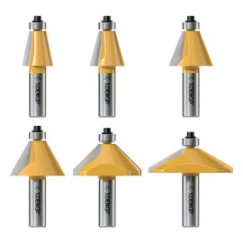 XDENGP 6Pcs Chamfer Router Bits Set 1/2 Inch Shank Carbide Edge Forming Bevel Router Bit with Bearing, Chamfer Bit Miter Angle Milling Cutters Tool, 11.25, 15, 22.5, 30, 45, 60 Degree