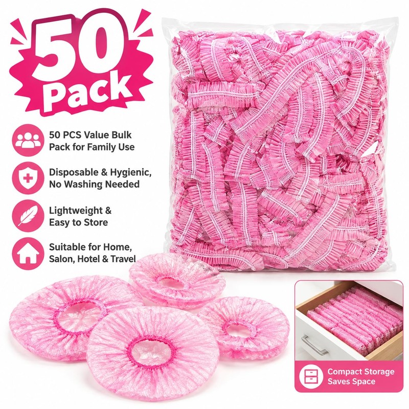 50Pcs Disposable Shower Caps, Waterproof Plastic Bath Hair Caps (Pink)