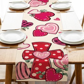 Croar Christian Valentines Day Cross Table Runner, Religious Pink Red Love Hearts Kitchen Dining Table Decoration, Anniversary Wedding Burlap Indoor Outdoor Home Decor Party Supply 13 x 72 Inches