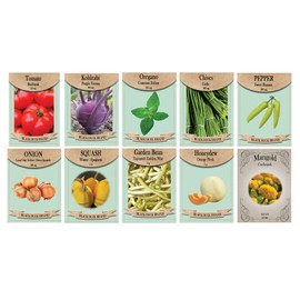 Vegetable & Herb Seed Set - 10 Varieties of Non-GMO Heirloom Premium Seeds for Planting - Banana Pepper, Beefsteak Tomato, Marigold, and More!
