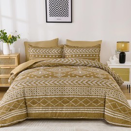 Yiran Taupe Brown Fall Comforter Set Queen Size, 7 Piece Boho Striped Bedding Set, Geometric Aztec Bed in a Bag Queen, Soft Microfiber Bohemian Complete Bedding Set with Sheets for All Season
