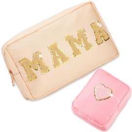 Hoolerry 2 Pcs Mama Gifts Preppy Makeup Bag Mama Chenille Letter Bag Nylon Portable Waterproof Cosmetic Bag Travel Makeup Bag with Zipper Preppy Organizer for Women Birthday Gifts Women Mother