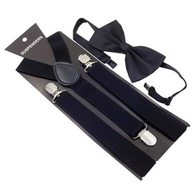 LEX STANDARD BL009 Men's Suspenders, Rubber Belt, Bow Tie, Y-Shaped, Black and White, Formal, Casual