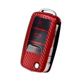 HIBEYO Car Key Case Fits VW Golf Protective Key Box Key Case Cover for Polo Passat Skoda Superb Fabia Seat Altea Leon Flip Key Case Carbon Fibre Pattern Red