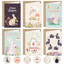 Hangsky Easter Cards with Envelope, Set of 12, Easter Cards, Foldable with Sticker Envelope, Easter Card Set, Easter Cards with Cute Rabbit and Easter Eggs, 6 Different Designs, 2 Pieces Each