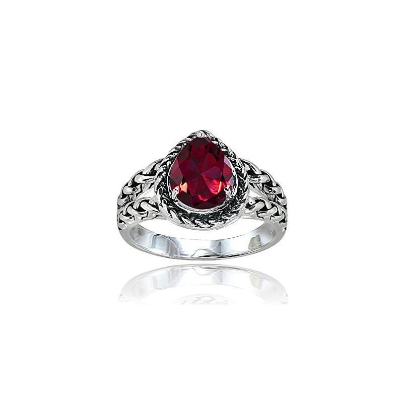 Ice Gems Sterling Silver Created Ruby Pear-Cut Oxidized Rope Split