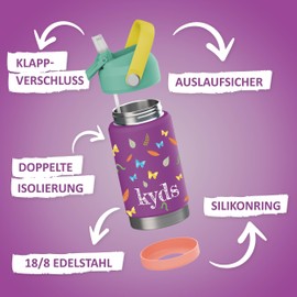 kyds® Children's Water Bottle, Thermal Stainless Steel Water Bottle, Leak-Proof, with Straw, Hygienic Flip Lid, BPA-Free, Dishwasher Safe Lid, Drinking Bottle for