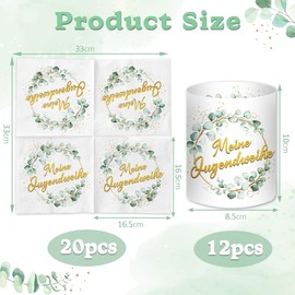 Pack of 20 Napkins Youth Consecration + 12 Pieces Lantern Table Decoration, Youth Consecration Decoration Girls Boys 2025, Guest Gift My Youth Consecration Decoration Eucalyptus Green Gold, Party