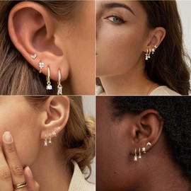 Gold Hoop Earrings Set for Women,14K Gold Plated Dainty Huggie Earrings, Lightweight Hypoallergenic Chunky Open Hoop Earrings CZ Dangle Huggie Cartilage Stud Earrings Set for Multiple Piercing