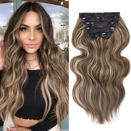 BHF 20 inch Wavy Clip in hair Extensions Full Head Synthetic Thick Hair Piece for Women 6pcs Double Weft Long Curly Hair Extensions（ Brown Mixed Ash Blonde）