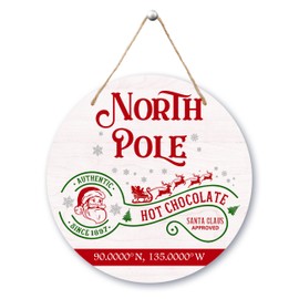 Christmas Wooden Signs, North Pole Hot Chocolate Front Door Decor, Rustic Xmas Holiday Home Wall Art Winter Wood Sign, Round Hanging Sign Decor With Rope, Christmas Gifts For Women Men -42
