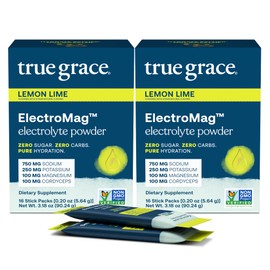 True Grace ElectroMag - 16 Stick Packs (Pack of 2) - Lemon Lime - Electrolyte Powder for Rapid Hydration - Sodium, Potassium, Magnesium & Cordyceps - Zero Sugar & Carbs - Non-GMO - 32 Total Servings