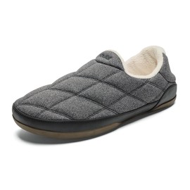 OLUKAI Puku'i Men's Fleece Slippers, Comfortable Activewear Slippers, Premium Full-Grain Leather & Jersey Knit, Drop-In Heel & All-Day Comfort, Dark Shadow/Lava Rock, 11