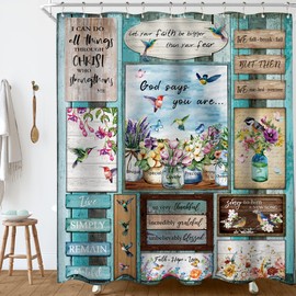 Homewelle Vintage Floral Blue Barn Shower Curtain Inspirational Quote Bible Verse Watercolor Flower Hummingbird Farm Farmhouse 60Wx72H Inch for Women Girl Waterproof Polyester Fabric Bathroom Bathtub