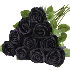 N&T NIETING Artificial Silk Roses Flowers with Long Stem, 10pcs Realistic Roses for DIY Bouquet Home Wedding Decoration Party, Black
