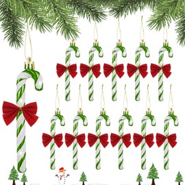 RobLuX Pack of 12 Candy Canes Christmas Decoration Green Candy Canes Pendant Glitter Decorative Candy Canes with 12 Red Bows Hanging Christmas Decorations (Green)