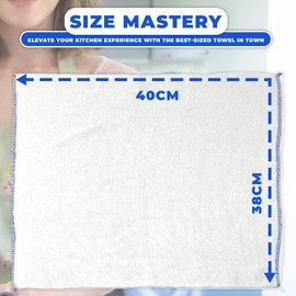 Towelogy Premium Extra Large Dish Cloths Pack of 10 - Cotton 38 x 45cm Odour Free & Super Absorbent Kitchen Dish Towels (White/Blue Edges, 10)