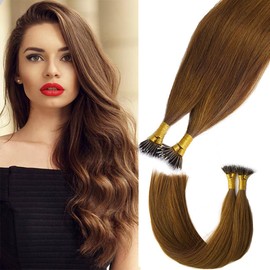 KOCONI 16 Inch Nano Rings Hair Extensions Real Human Hair Extensions Double Drawn Nano Ring Hair Extension Nano Tip Beads Human Hair Extensions 50g 1g/Strand #6 Chestnut Brown