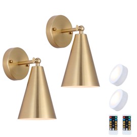 MWZ Gold Battery Operated Wall Sconces Set of Two,Wireless Indoor Lighting with Remote Control, Modern Dimmable 2 Color Temperatures Adjustable Angle Wall Mount Lamp with Brass Metal Shade