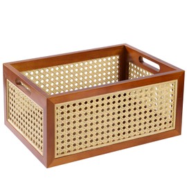 LaMorée Rattan Storage Basket Large Handmade Woven Storage Bin for Organizing Decorative Wooden Box for Rustic Farmhouse Decor Home Office Tabletop Shelf Organizer, 13.8"L x 9.8"W x 6.3"H