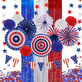 July 4th Patriotic Party Decoration Set, Fourth of July Red White Blue Paper Fans, USA American Flag Pennant, PomPomPoms Flower, Foil Tassel Curtains, Star Ribbon, Independence Day Party Supplies-01