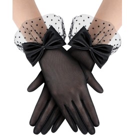 XuoAz Women Black-Lace-Sheer-Gloves Wedding Tea-Party Gloves 1920s Bow Short Mesh Glove for Opera Evening Dresses