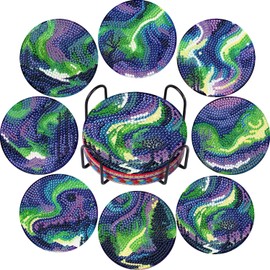DOZEEZOP 8 PCS Diamond Art Coasters Kit, Diamond Painting Coasters with Holder, Fall Diamond Art Kits for Adults Beginners, Arts and Crafts Supplies Party Item Sets Polar Lights