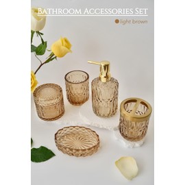 LaMarriti Brown Bathroom Accessories Set, 5Pcs Glass Bathroom Set, Lotion Soap Dispenser, Toothbrush Holder, Soap Dish, Qtips Holder, Tumbler for Crystal Vintage Bathroom Decor, Gift Set