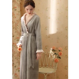 OKSakady Women's Plush Fleece Robe Cosy Warm Bathrobe Female Spa Robe with Belt, gray