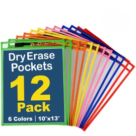BONBELA Dry Erase Pockets 12 Pack - 10 x 13 Reusable Dry Erase Pocket Sleeves for Work & School Worksheets - Heavy Duty Clear Pocket Sleeves - Quickly Wipe to a Flawless Clean (Multicolor)