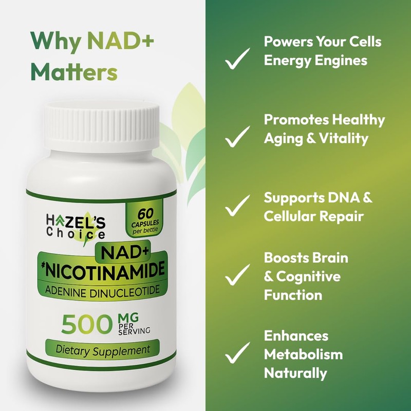 HAZEL'S Choice NAD+ Nicotinamide Adenine Dinucleotide Supplement 500mg, 60 Capsules,