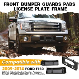 ECOTRIC Front Bumper Guards Pads + License Plate Frame Compatible with 2009-2014 Ford F150 Replacement for 9L3Z17E810B FO1053100 9L3Z17A385A FO1068134 Black